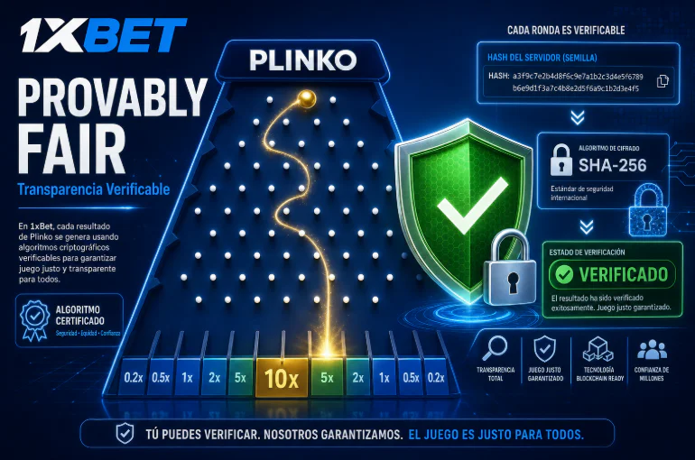Verificación de transparencia y algoritmo Provably Fair en Plinko 1xBet