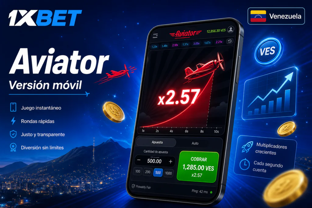 Versión móvil del juego instantáneo Aviator en 1xBet Venezuela