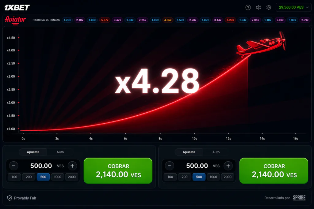 Interfaz principal con multiplicador creciente en Aviator de 1xBet