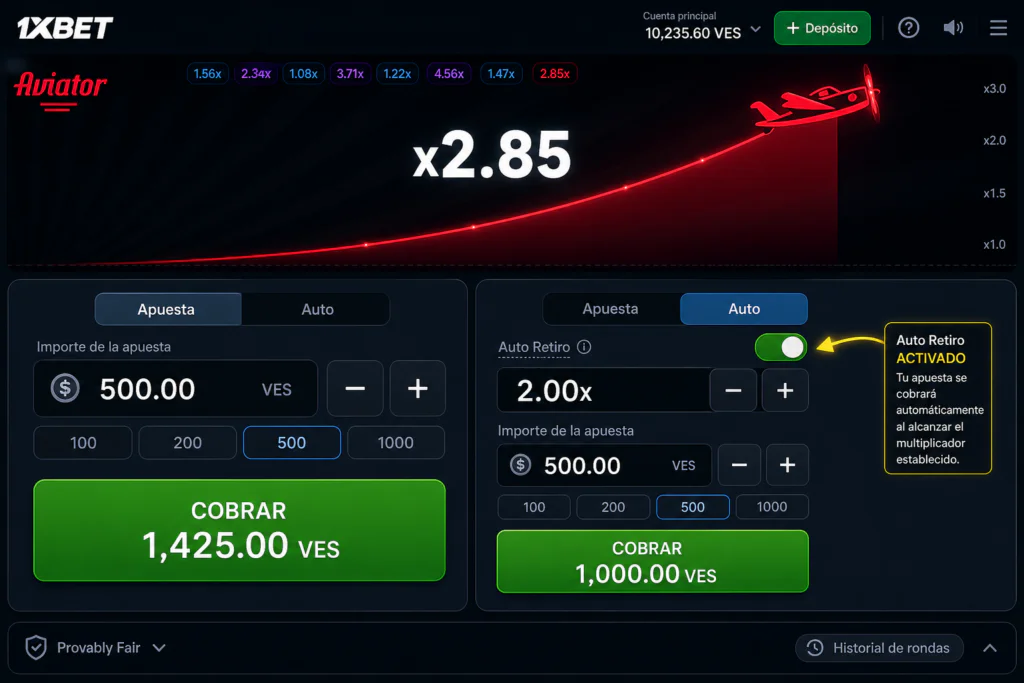 Panel de apuestas y función de retiro automático en Aviator 1xBet