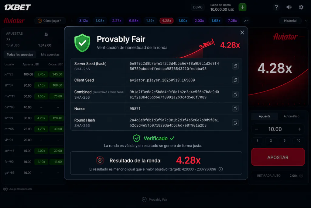 Verificación de transparencia y algoritmo Provably Fair en Aviator 1xBet