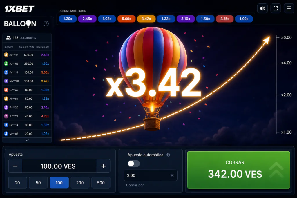 Interfaz principal con multiplicador creciente en Balloon de 1xBet