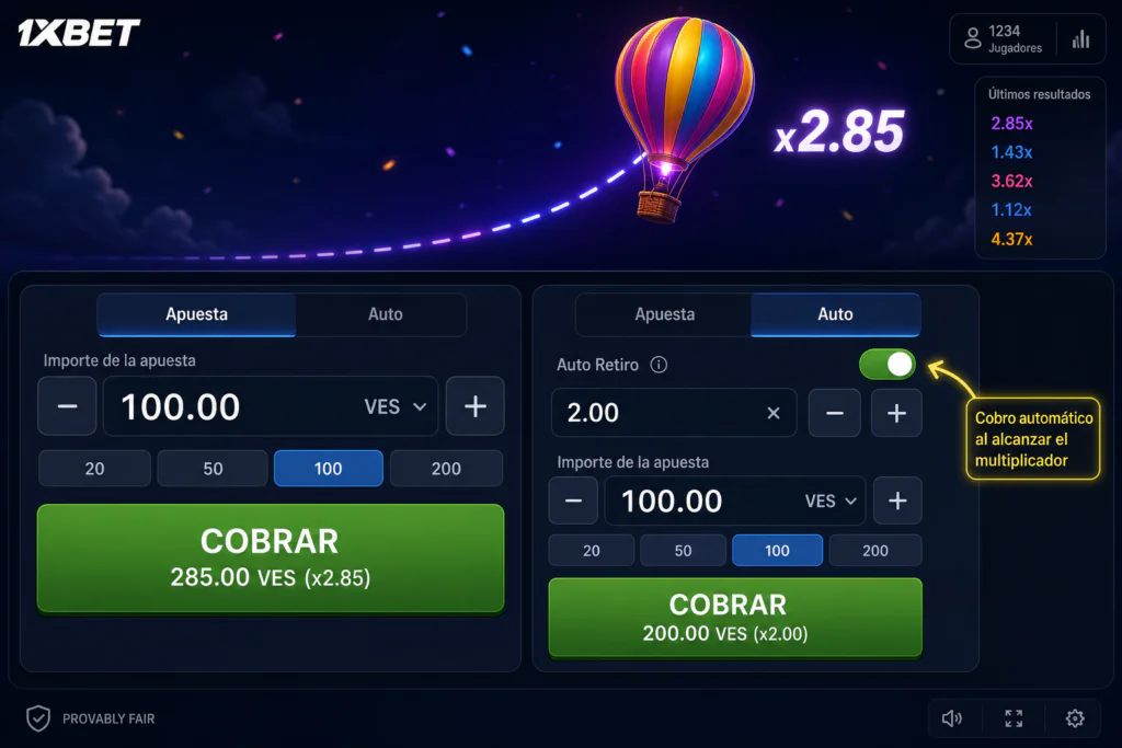 Panel de apuestas y función de retiro automático en Balloon 1xBet