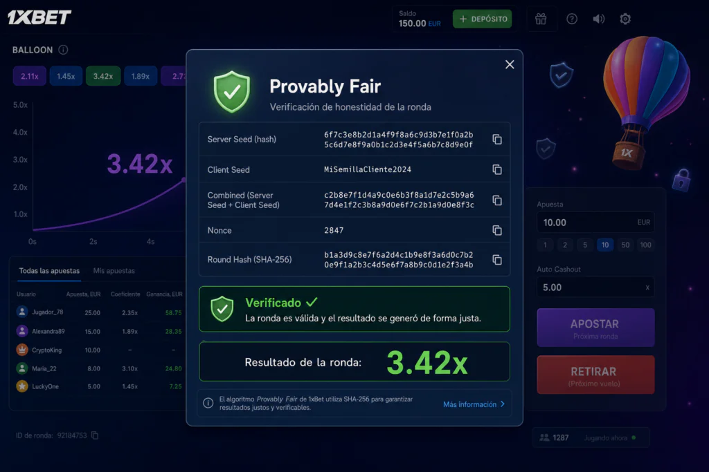 Verificación de transparencia y algoritmo Provably Fair en Balloon 1xBet