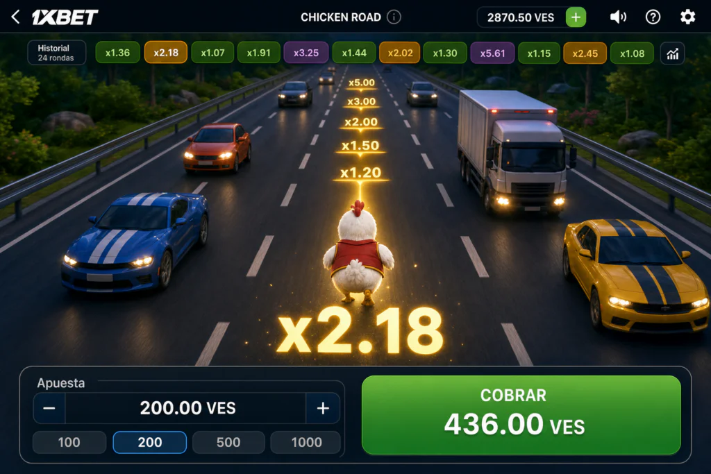 Interfaz principal con multiplicador creciente en Chicken Road de 1xBet