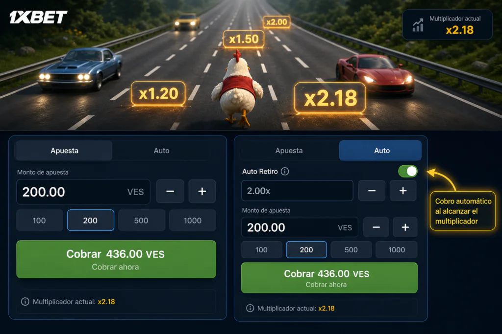 Panel de apuestas y función de retiro automático en Chicken Road 1xBet