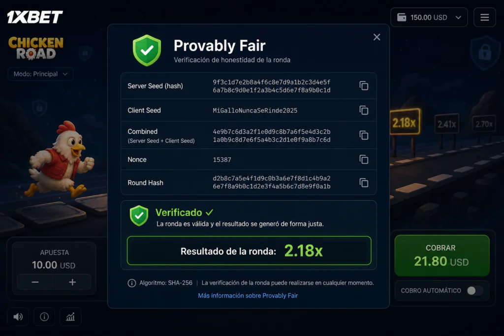 Verificación de transparencia y algoritmo Provably Fair en Chicken Road 1xBet