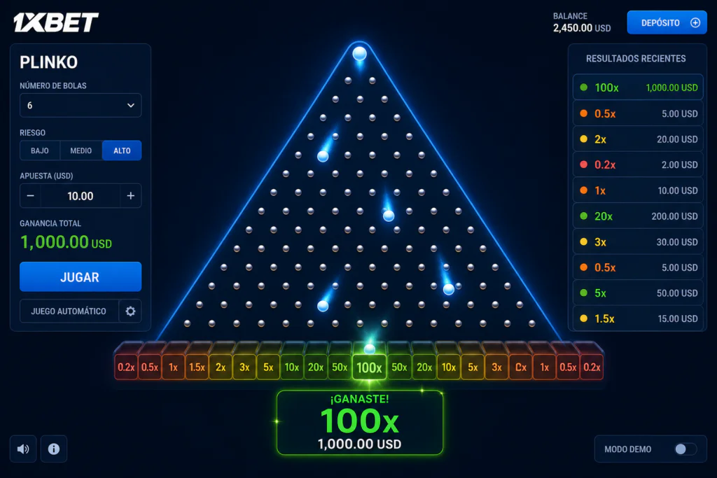 Interfaz principal con multiplicador creciente en Plinko de 1xBet