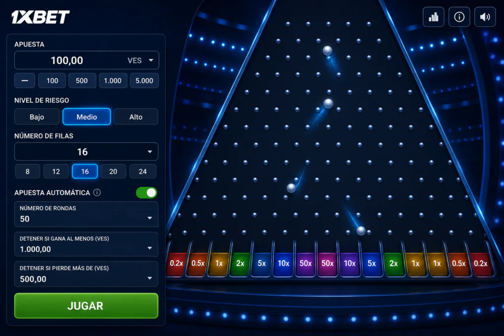 Panel de apuestas y función de retiro automático en Plinko 1xBet