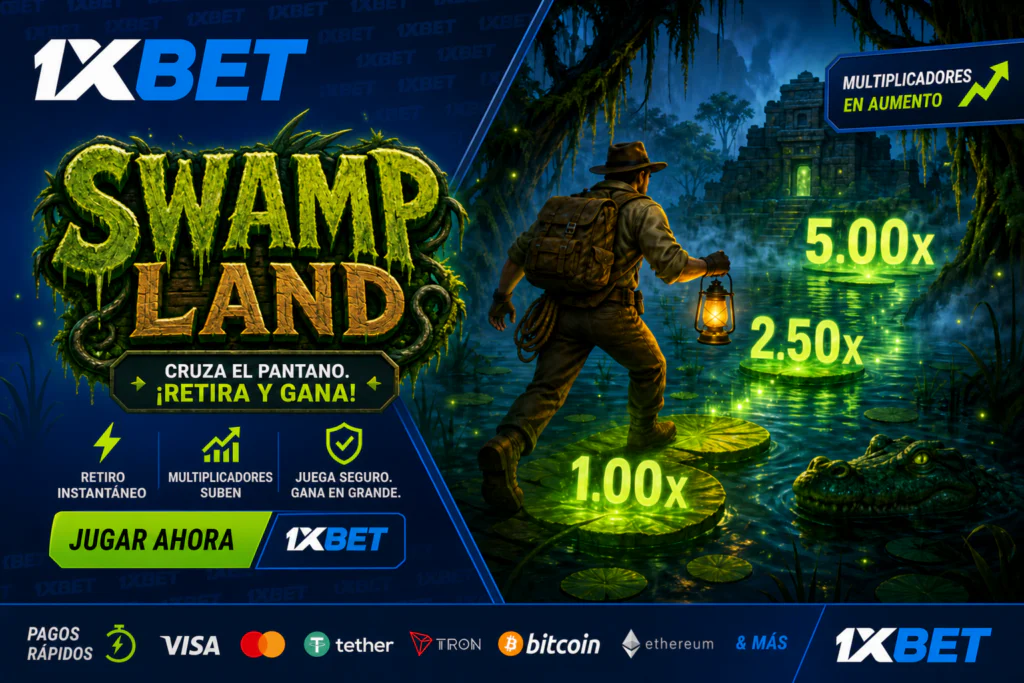 Banner gráfico del juego Swamp Land sobre fondo azul 1xBet