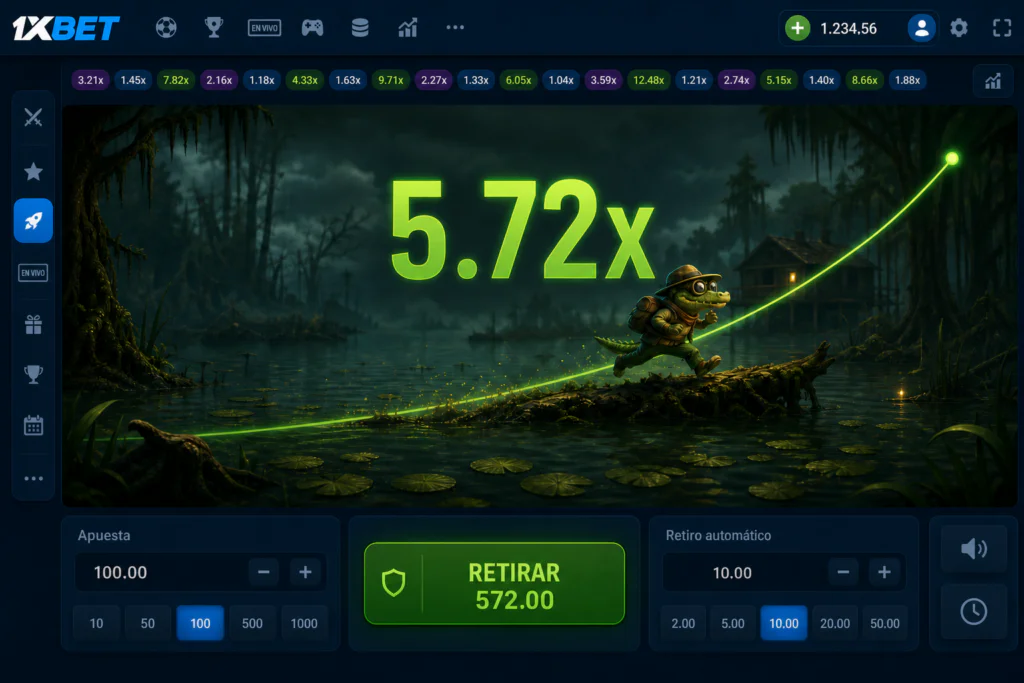 Interfaz principal con multiplicador creciente en Swamp Land de 1xBet