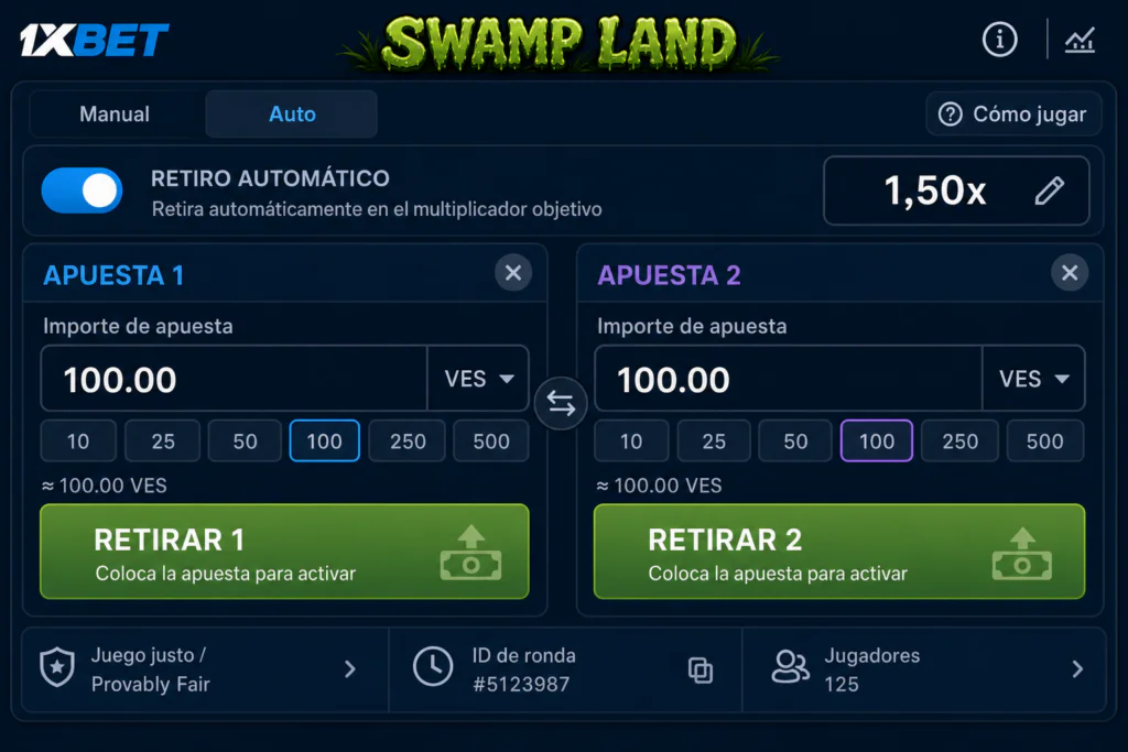 Panel de apuestas y función de retiro automático en Swamp Land 1xBet