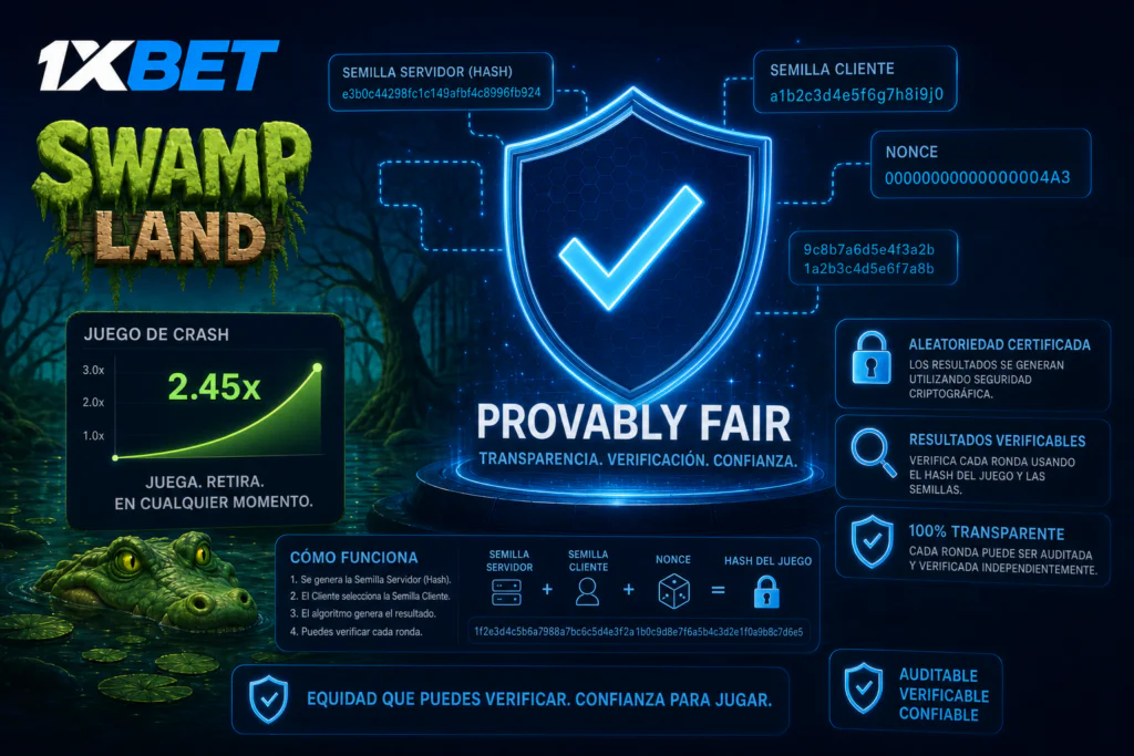 Verificación de transparencia y algoritmo Provably Fair en Swamp Land 1xBet