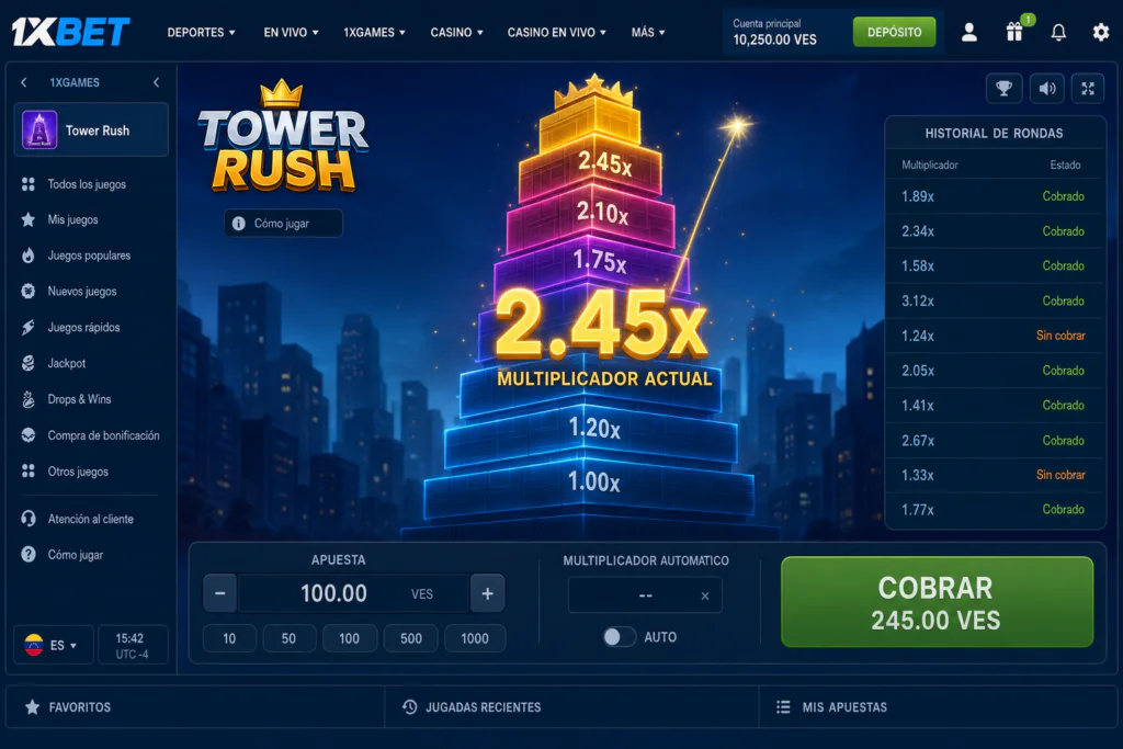 Interfaz principal con multiplicador creciente en Tower Rush de 1xBet