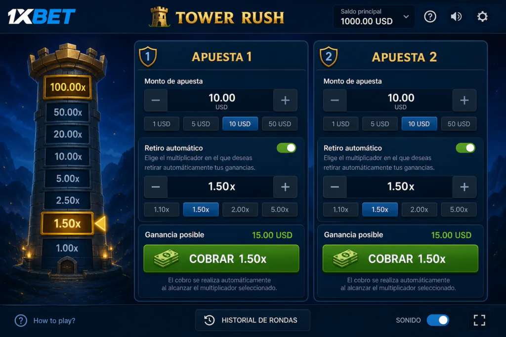 Panel de apuestas y función de retiro automático en Tower Rush 1xBet