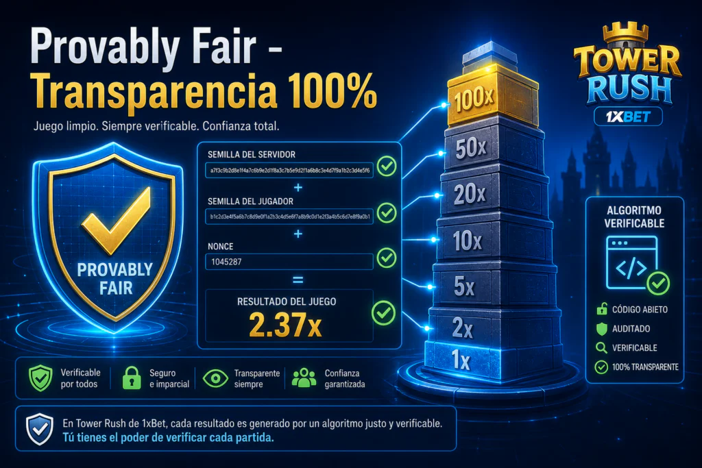 Verificación de transparencia y algoritmo Provably Fair en Tower Rush 1xBet